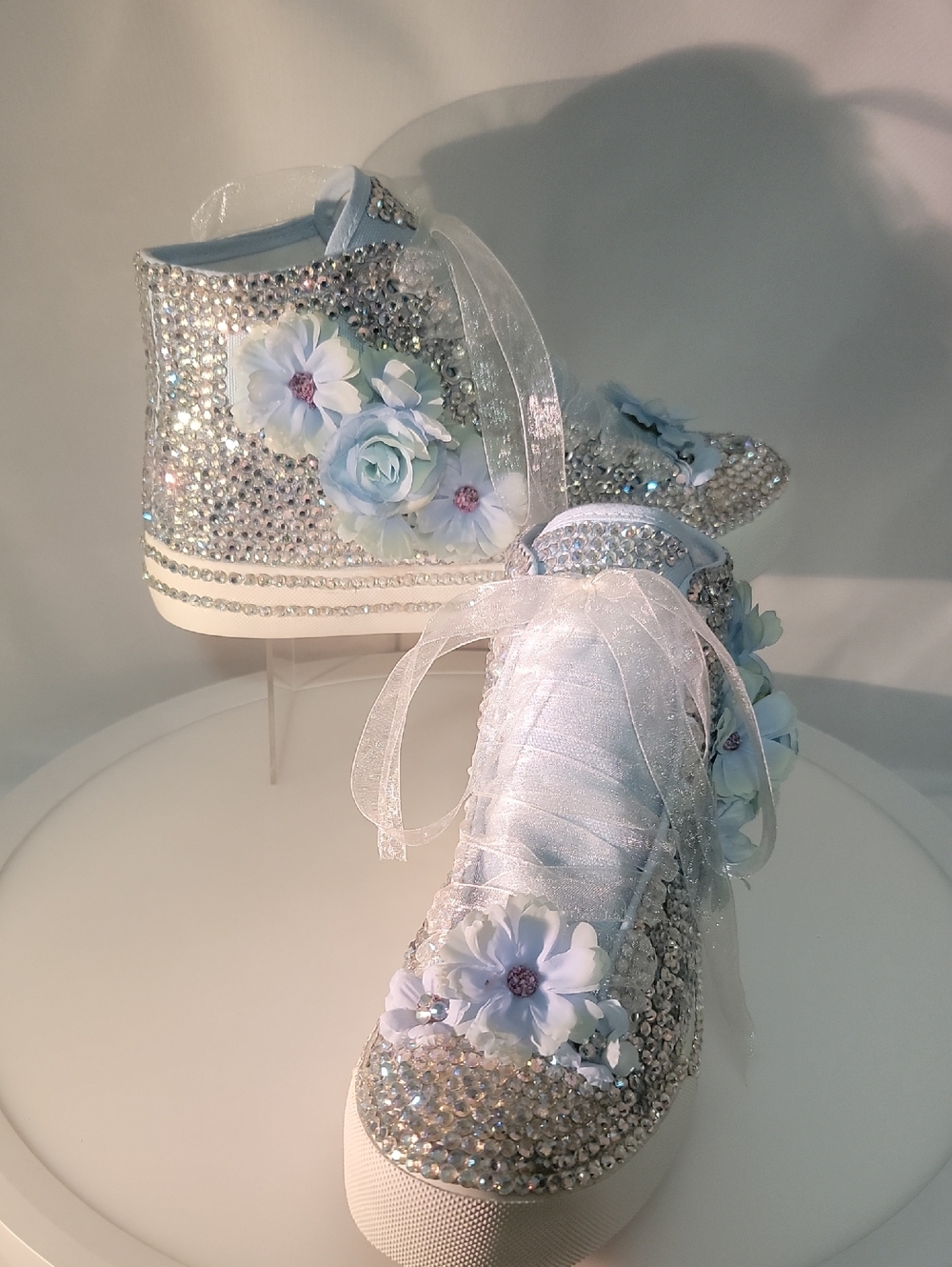 Blue and Gold Irredescent High-Top Sneakers with Rhinestone Embellishments